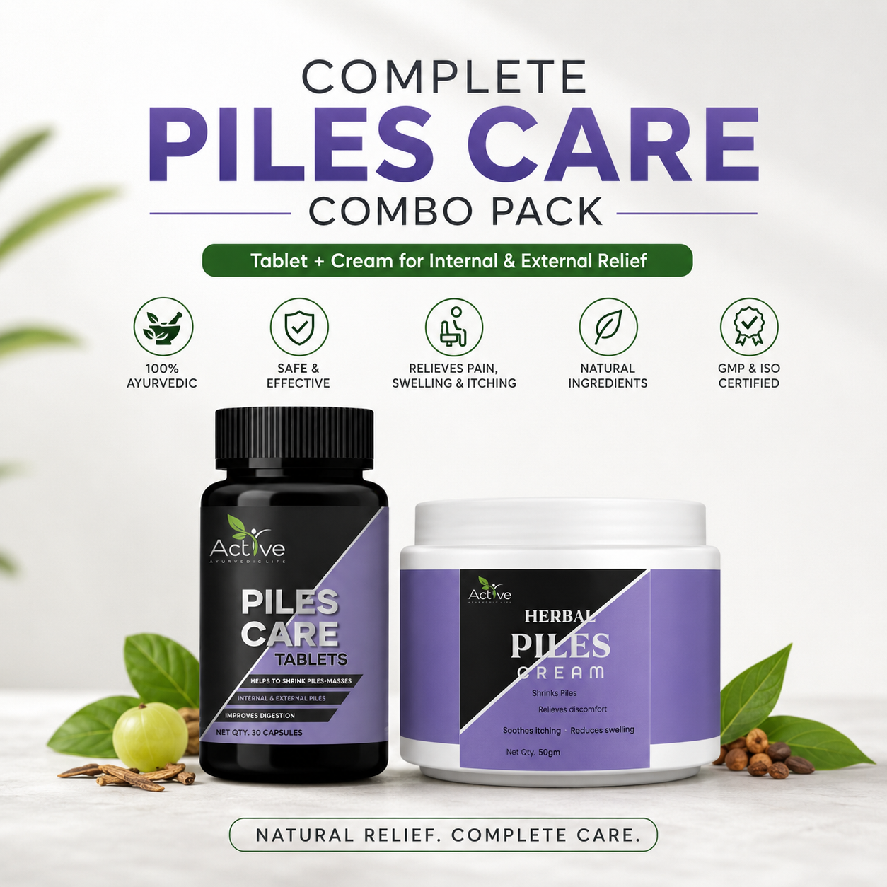 Active Ayurvedic Piles Care Combo Pack – Piles Tablets + Herbal Piles Cream for Internal & External Relief | Supports Piles, Fissure & Fistula Care